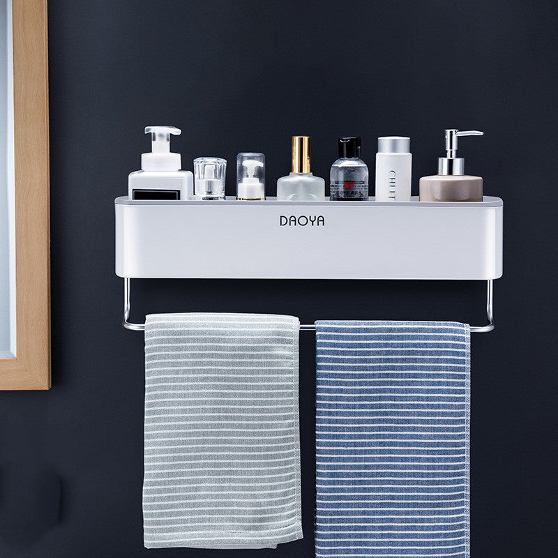 Modern Double Wall Bathroom Shelf with Towel Bar – Adhesive No Drill Organizer