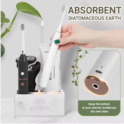 Detail view of bathroom counter organizer designed for electric toothbrush storage