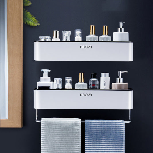 Modern Double Wall Bathroom Shelf with Towel Bar – Adhesive No Drill Organizer