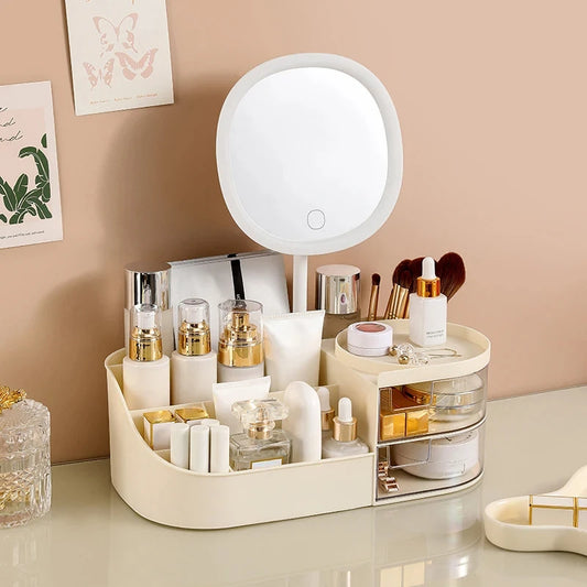 GlowMirror Vanity Organizer with LED Mirror & Fan