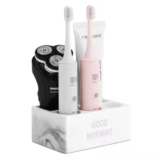 Electric toothbrush and bathroom counter organizer for clean, clutter-free countertops